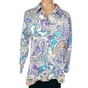 Chico's Blouse Size 2/L Multi-Color Paisley Collared Button Front Long Sleeve
